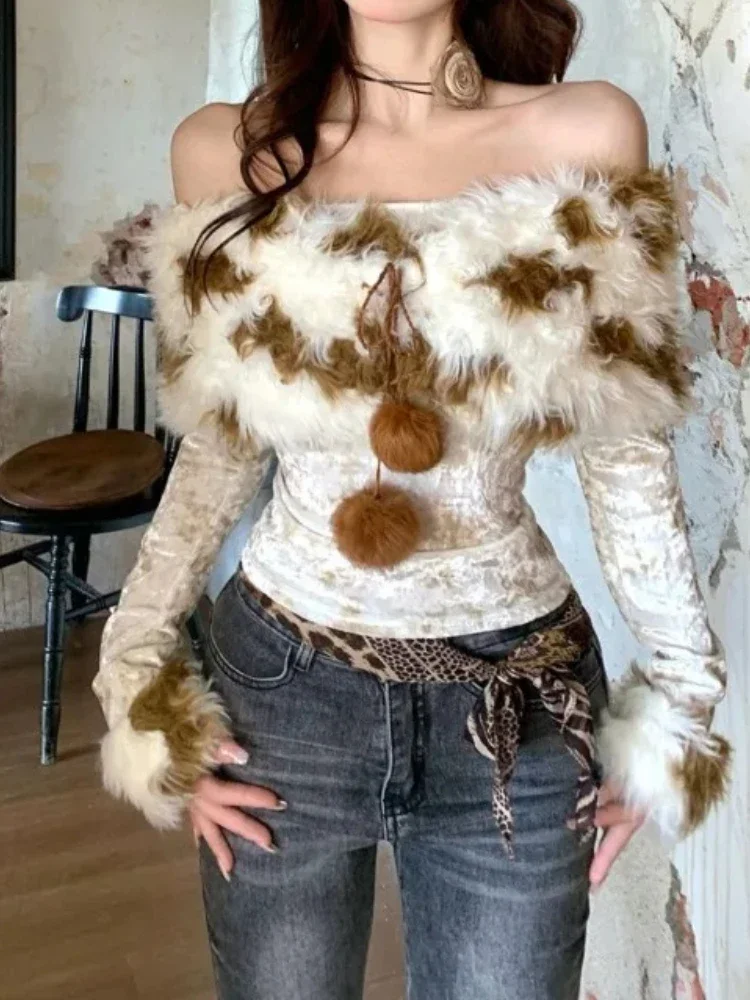 

2000s Vintage Fur Patchwork Off Shoulder Tops Mujer Spring Autum New Elegant Clothes Women Y2k Slim Fashion Long Sleeve T-Shirt
