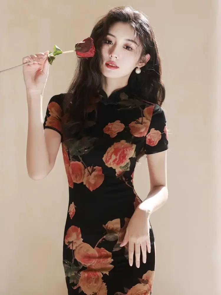 

Summer Short Sleeve Cheongsam 2025 New Women's Chinese Style Vintage Printed Qipao Dress High-end Elegant Temperament