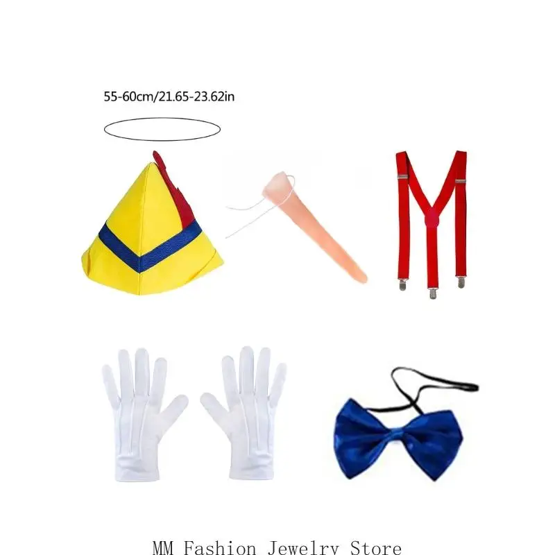 1/5Pcs Puppet Costume,Long Nose Caps Suspender Necktie Gloves Storybook Fairytale Costumes Halloween Dress Up Set Gifts