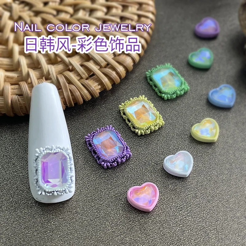 10PCS Magic Macarone Diamonds Love Heart Octagon Spray Paint Alloy Edge Nail Art Rhinestones Jewelry Decoration Manicure Charms