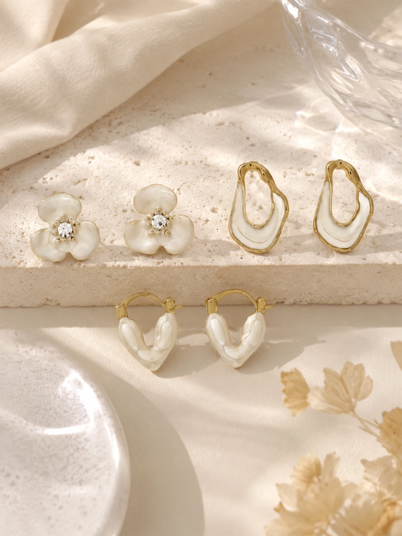 3 Pairs Cream White Enamel Earrings Set, Gold Border Floral Irregular Hollow Hoop Earrings for Women