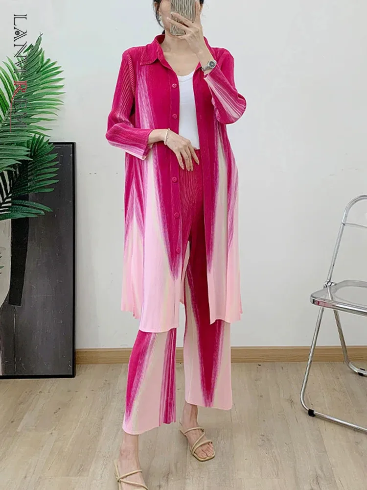 LANMREM Gradient Pants Sets Lapel Single Breasted Long Shirt With Wide Leg Pants Female Elegant Clothing 2024 Spring New 2DA3613