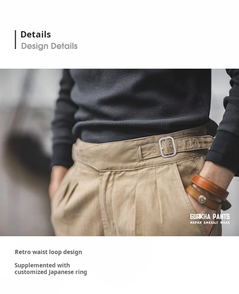 Maden Vintage Khaki Gurkha Hose, verstellbar, hohe Taille, lässige Cargo-Arbeitshose, klassische gerade Hose für Herren, Frühling und Herbst – Detail 13
