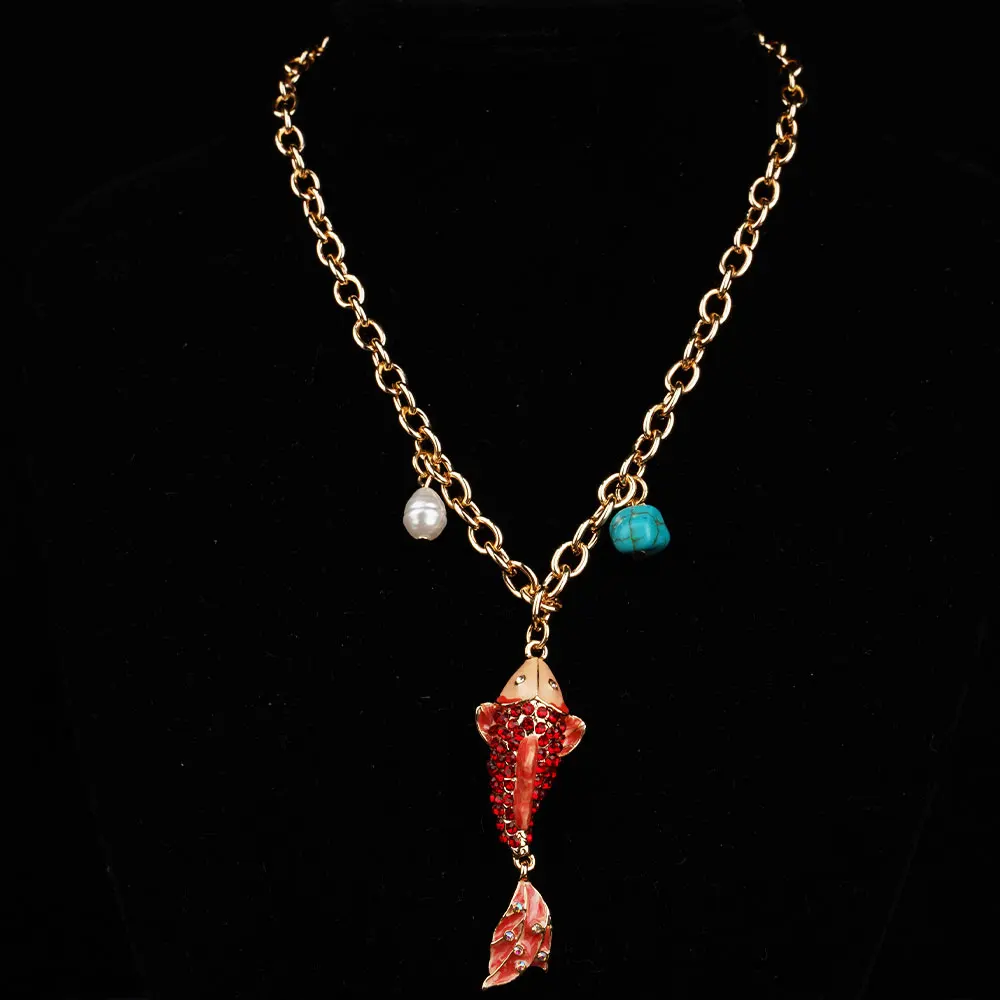 Mermaid Necklace Ethnic Red Enamel Fish Pendant Statement Choker Lucky Koi Dangle Charm Neck Chain for Women Gift Fine Jewelry