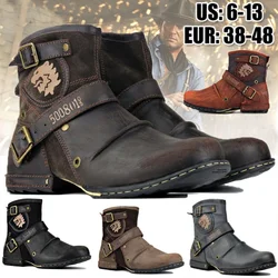 Botines para hombre, botas de vaquero de alta calidad, botas de moto con cremallera lateral y hebilla de Metal para hombre, botas góticas, botas occidentales Retro