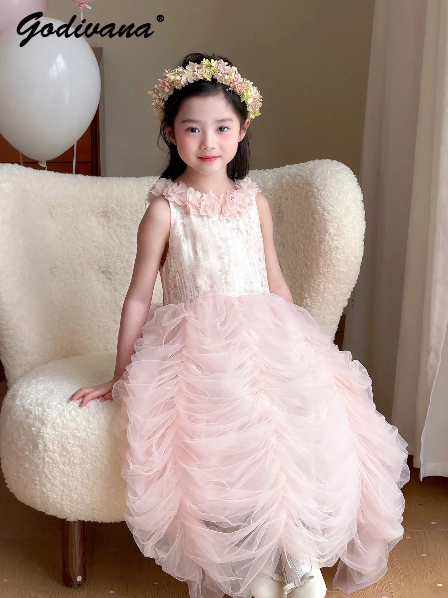 New Spring and Summer 2026 Sweet Girls Pink Floral Princess Sundress Kids Luxury Sleeveless Tulle Birthday Party Cake Ball Gown