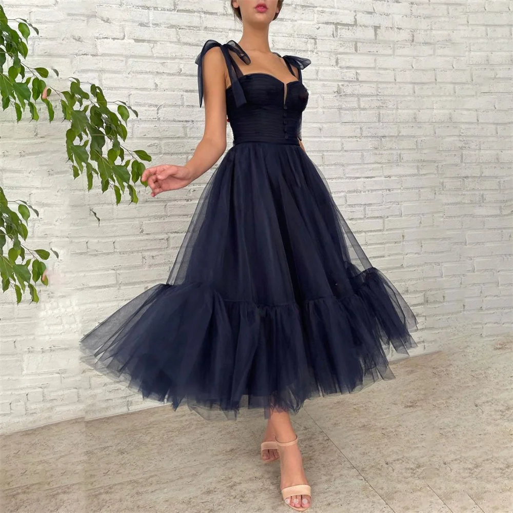 

Lily Navy Blue Tulle Prom Dress Short Cute A-Line Celebrity Dresses Women's Evening Dress Button Sweetheart Formal Gown 프롬 드레스