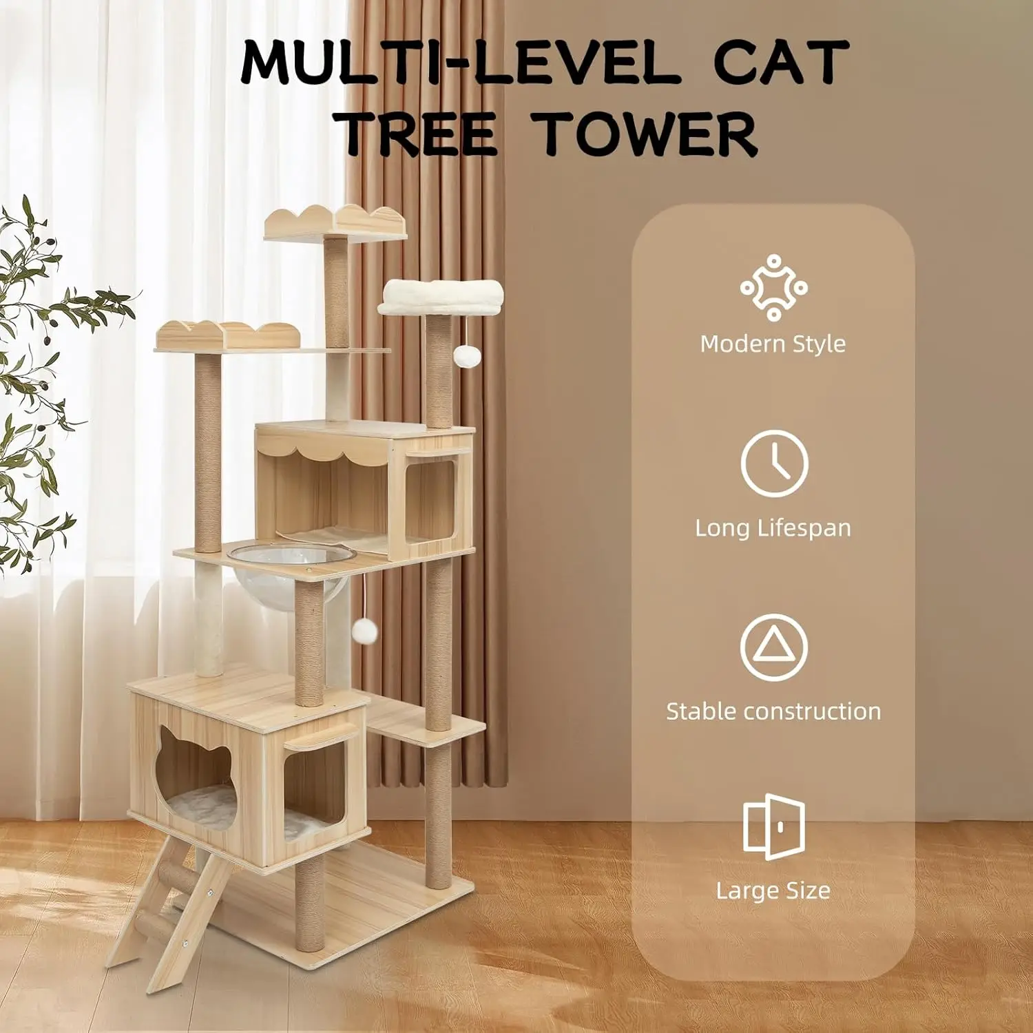 Torre de árvore para gatos maior de 70 polegadas, condomínio para gatos internos, centro de atividades de móveis de vários níveis com base larga/poleiros de pelúcia aconchegantes para gatos