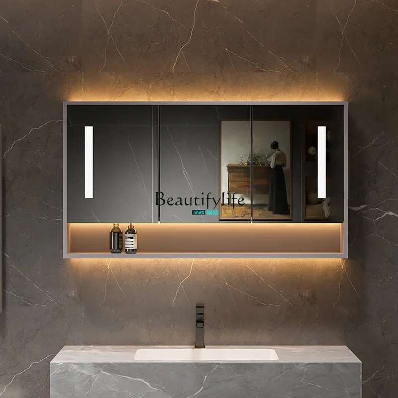 03.-Bathroom intelligent solid wood mirror cabinet, independent wall mounted, with fog removal light and storage rack