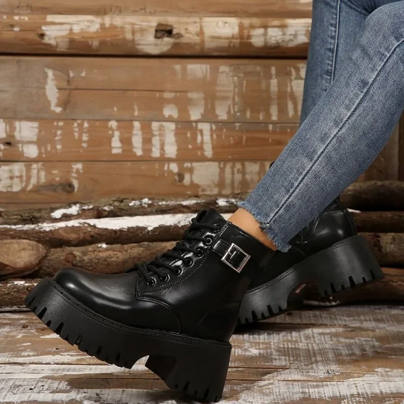 Botas de plataforma con cordones untuk mujer, botines de motocicleta, cutapak, zapatos Oxford de cuero negro, novedad