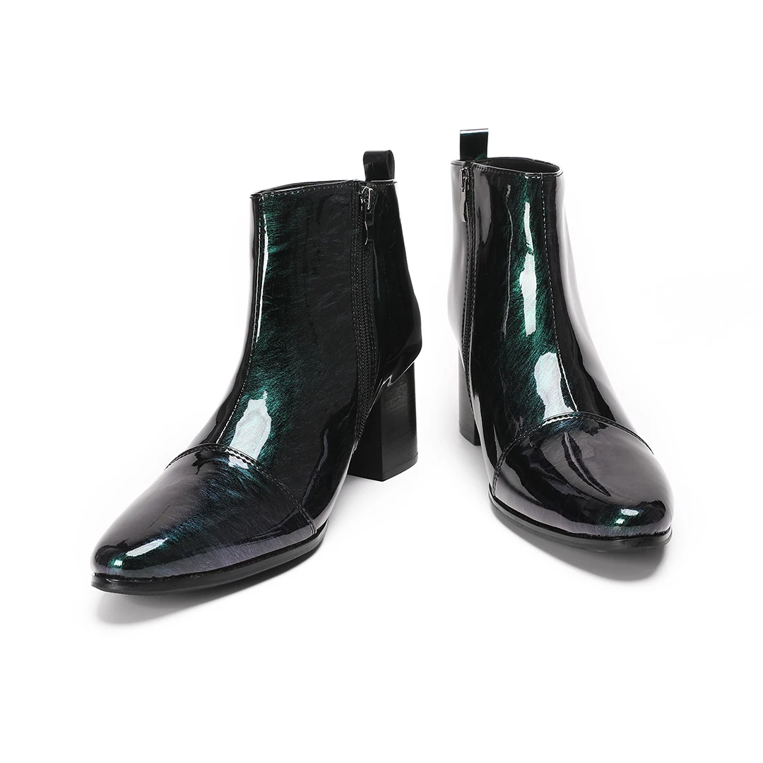 Men's Glossy Cow Leather Ankle Boots Fashion Marble Pattern Square Block Heel Side Zipper Short Boots Dress Party Booties