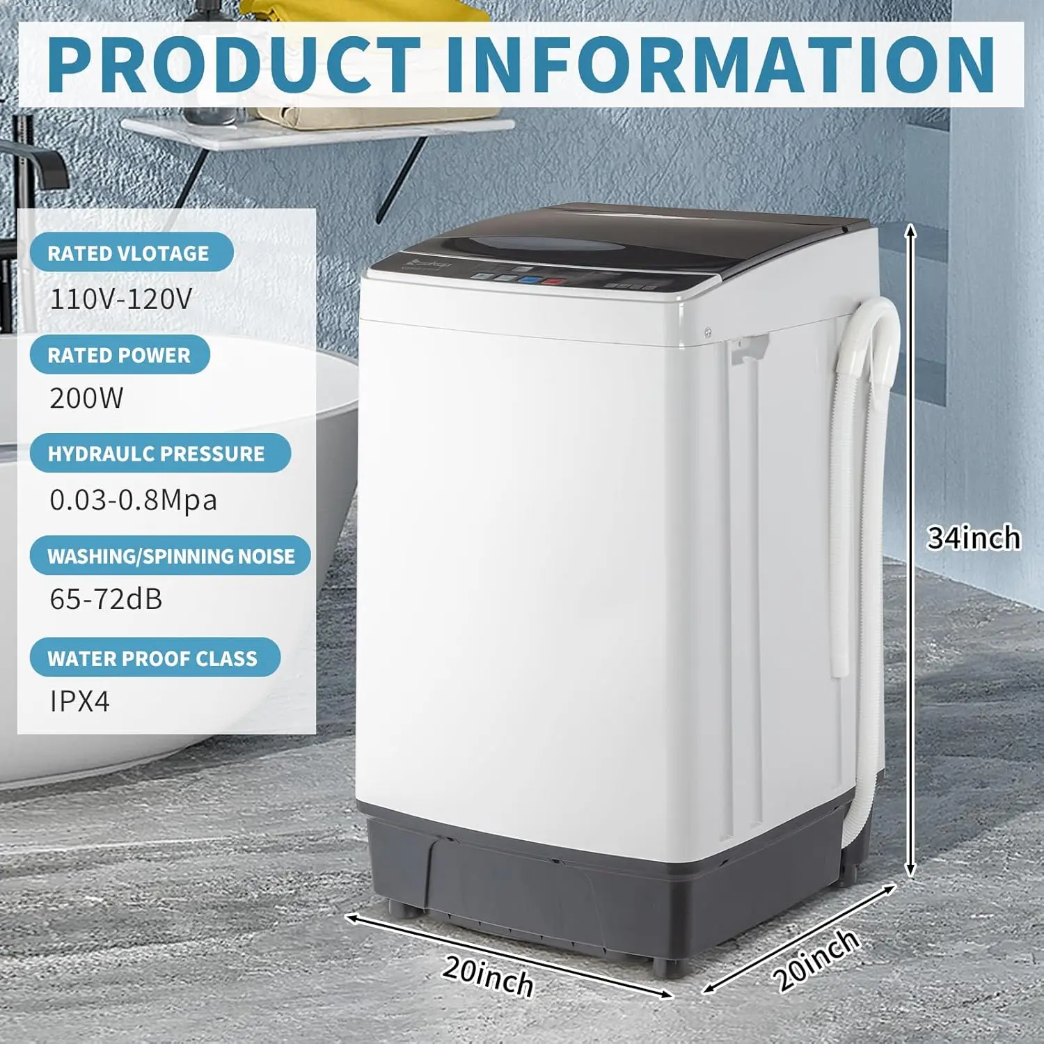 Washing Machine, 17.6Lbs Top Load Portable Washer with Drain Pump, 10 Wash Programs 8 Water Level Washer