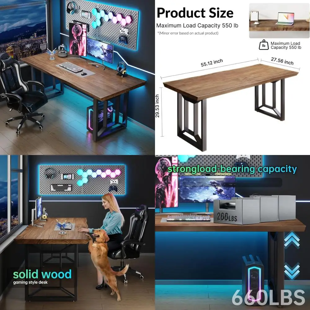

Modern Simple Style Solid Wood Computer Desk for Study and Office, 55 Wide with Black Metal Frame and Wooden Planks