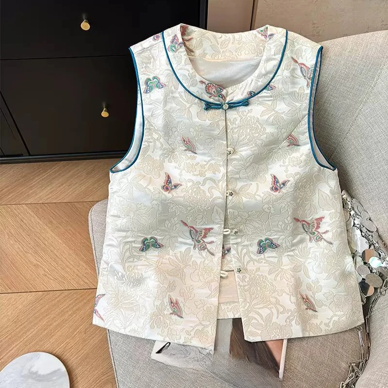 2026 Spring Summer Women Dobby Floral Butterfly Sleeveless Vest Coat , Woman Vintage Chinese Style Vests Coats