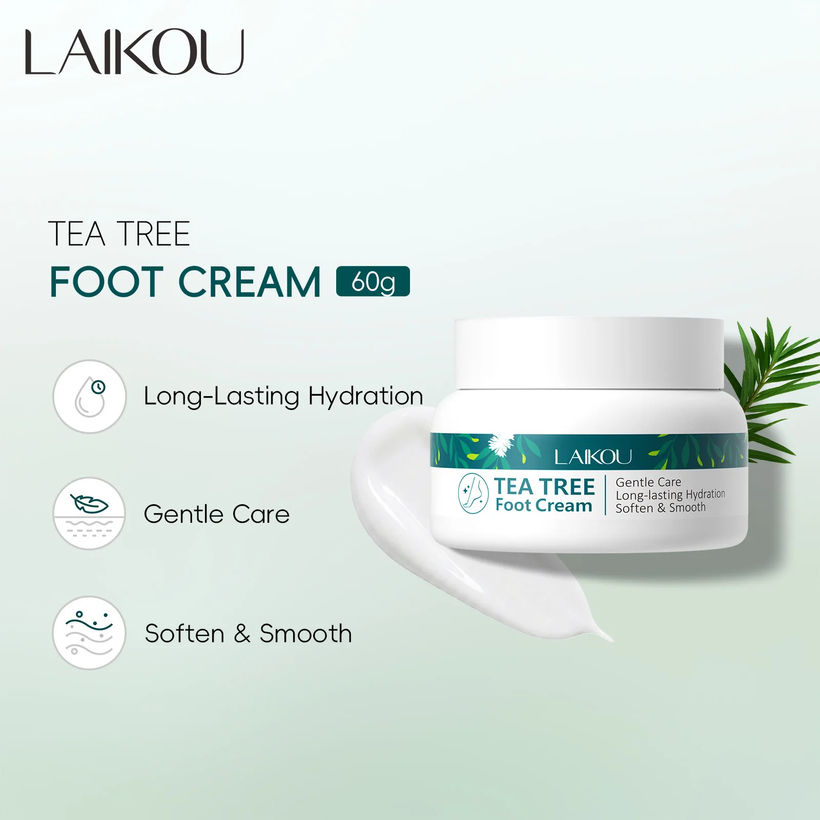 LAIKOU 60g Tea Tree Oil Foot Cream Intensive Moisturizing Heel Repair Cream for Dry Cracked Skin Nourishing Anti Crack Foot Care