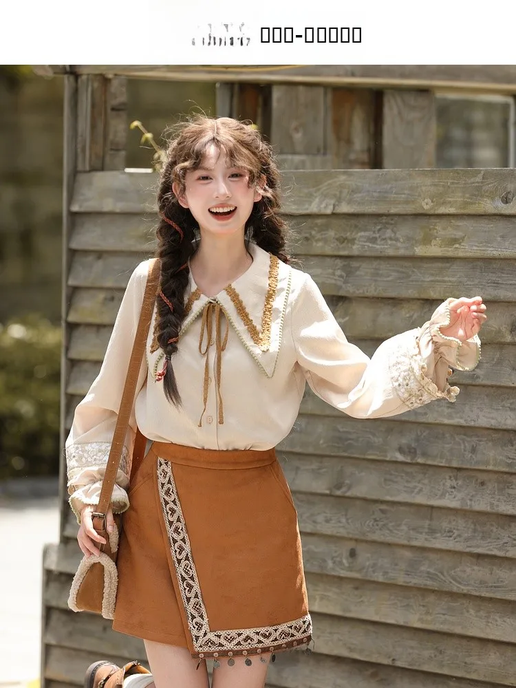 

Свободная женская блузка с длинным рукавом и вышивкой, цвет хаки, осенне-зимняя новинка, в этническом стиле, модный дизайн, повседневный топ