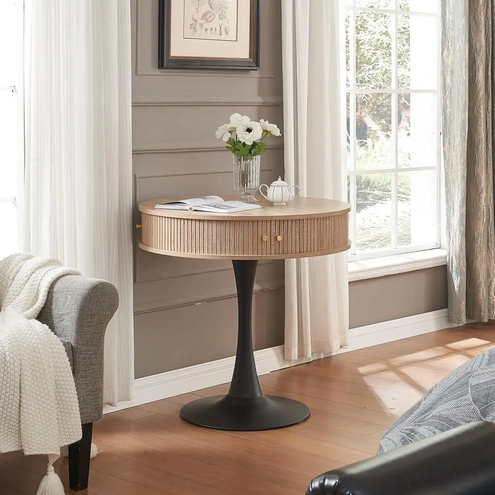 

Круглый стол-тумба с рифленой столешницей для 2-4 человек, обеденный стол из дуба для кухни с скрытым хранением, небольшой деревянный стол для завтрака высотой 31 дюйм с S