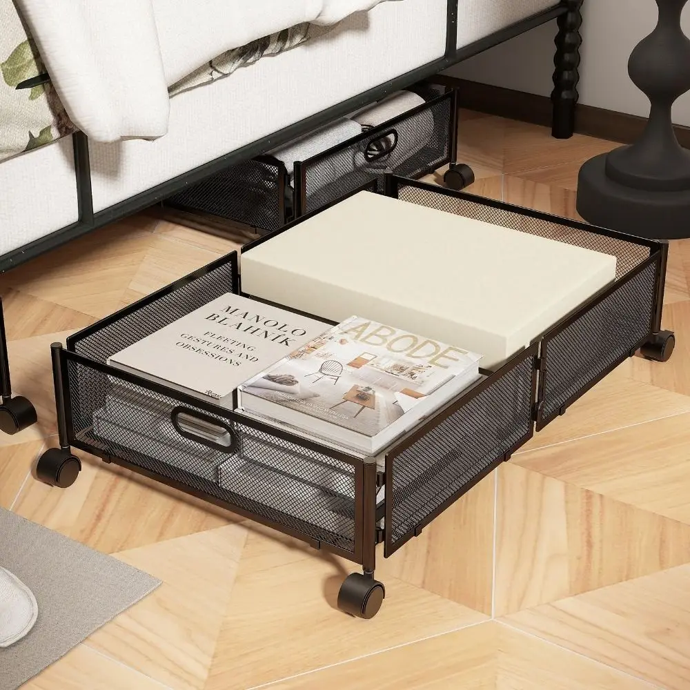 

Large Capacity Under Bed Storage Containers with Wheels Foldable Quilt Clothes Storage Bins Metal Space-saving