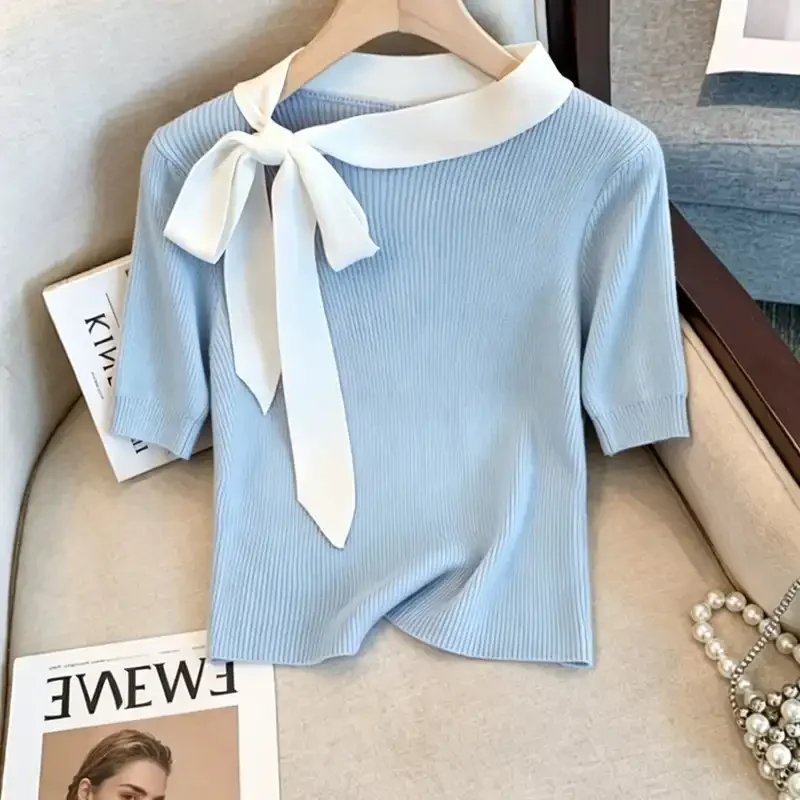 Pink Ribbed Short Sleeve Top With White Sailor Collar And Bow Detail For Women Sweet Style Office Wear Spring Autumn Casual Look