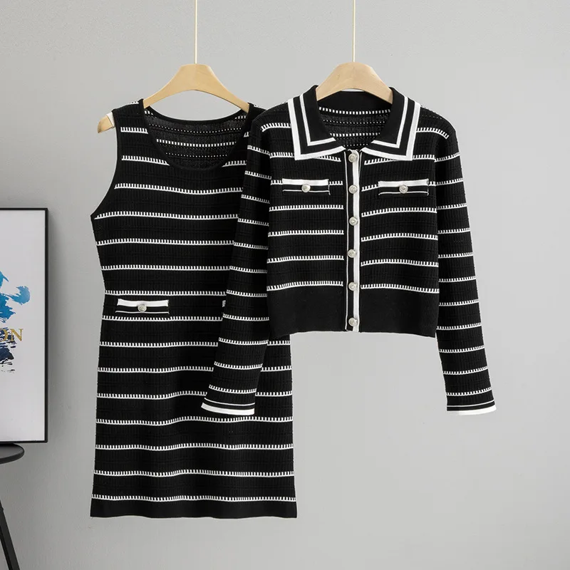 แฟชั่น 2 ชิ้นชุดแขนยาว Cropped เสื้อสเวตเตอร์ถักเอวสูงถักมินิชุดเสื้อกั๊ก Bodycon ชุดลายชุดการจับคู่