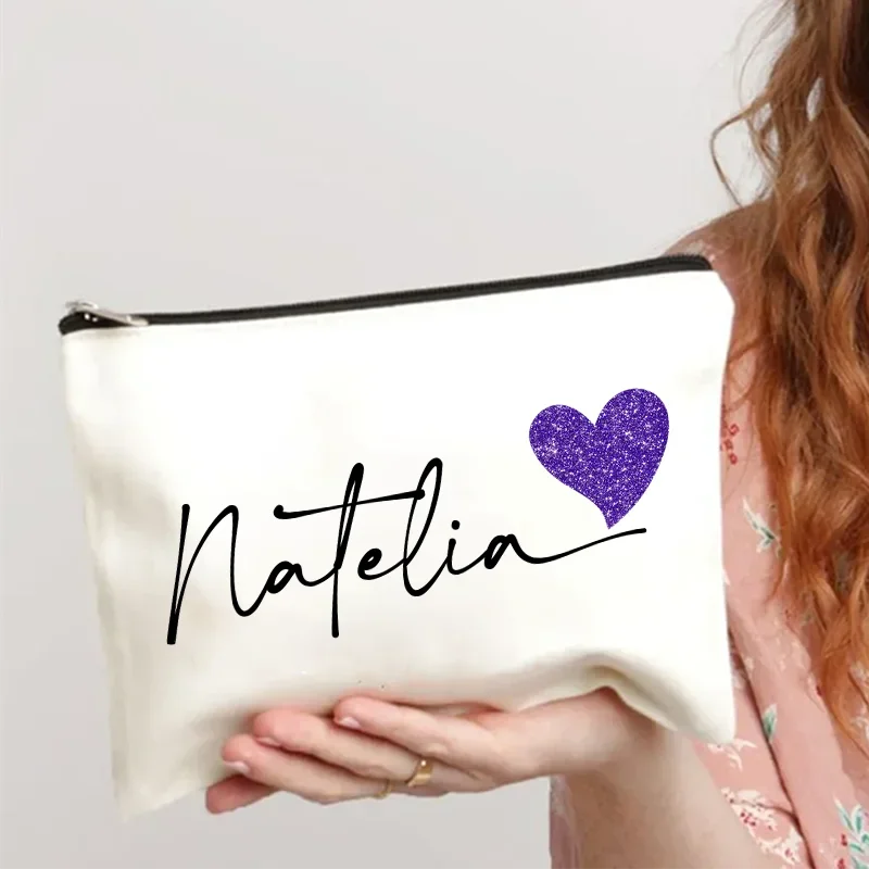 Custom Name with Love Heart Makeup Pouch Bag for Women Gift Cute Travel Cosmetic Organizer Office Supplies Storage Handbag Purse