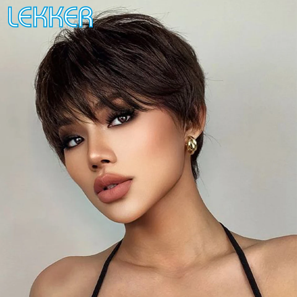 Lekker-Peluca de cabello humano liso con flequillo para mujer, pelo Remy brasileño, corte Pixie corto sin pegamento, color marrón Natural