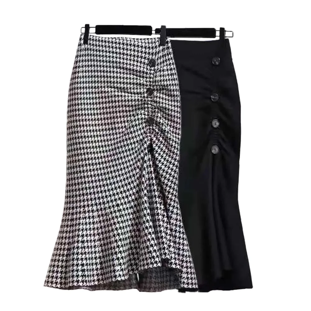 Trumpet Houndstooth Vintage High Waist Buttons Women's Skirt Mermaid Mid-Calf Long Skirts For Women Women Clothing Fashion 2024