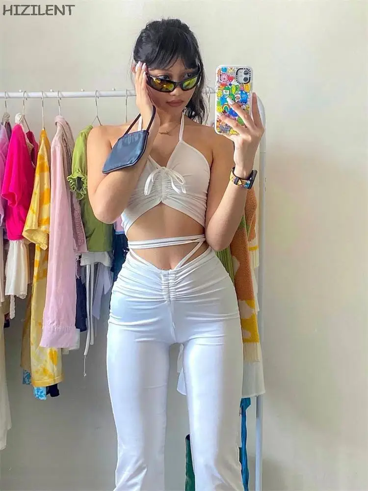 2000sFashion Drawstring Halter Top and High Waist Flare Pants 2 Piece Set Y2K clothes Streetwear Sexy Bandage White Co-ord Suits