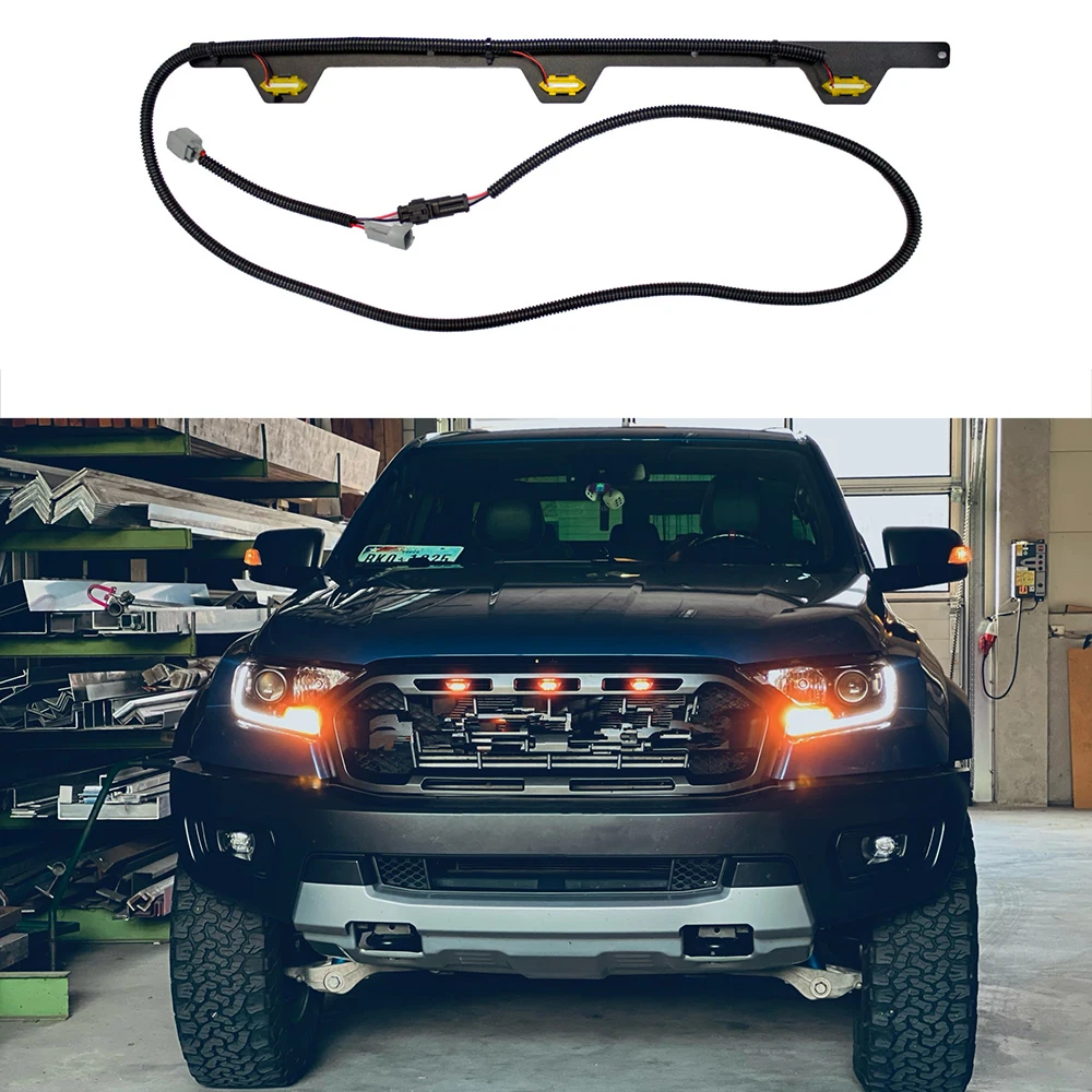 Grille samochodowe bursztynowe oświetlenie LED Bar 19RR Plug and Play Raptor styl 3 lampa LED z osłoną zestaw oświetleniowy dla Ford Ranger 2019 2020 2021 2022