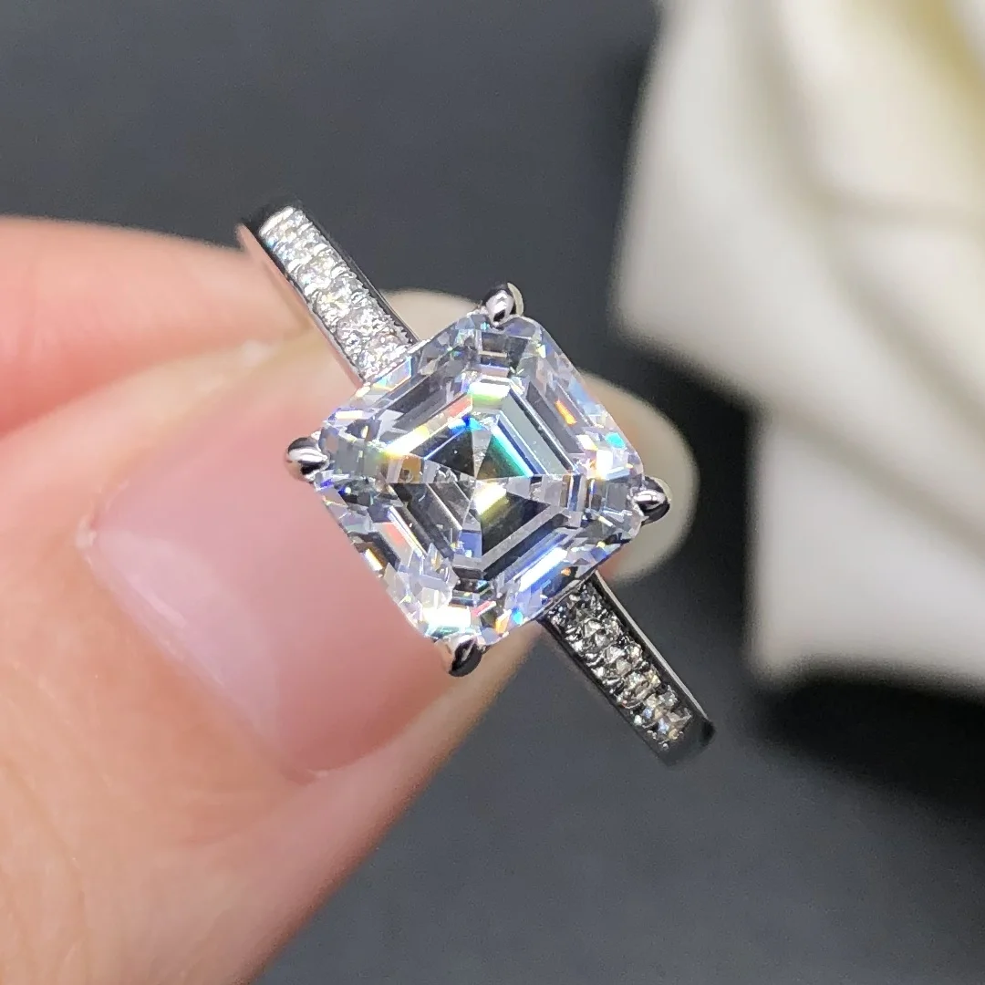 

AU750 2Ctw 7*7 mm Asscher Cut D VVS1 Moissanite Ring Test Positive GRA Warranty 18K White Gold Wedding Ring for Her 161