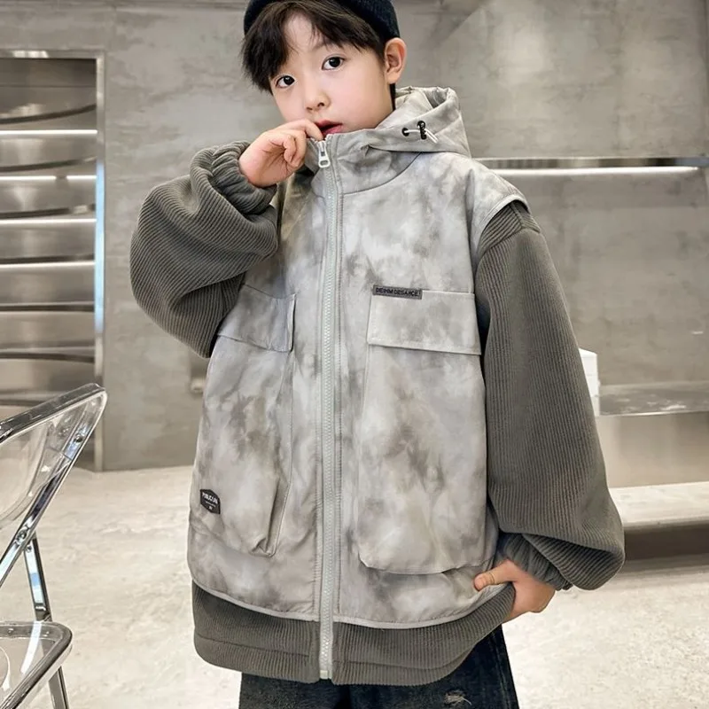 Boys' Lined Cotton Trench Coat Autumn/Winter 2025 Thickened Kids' Pseudo-Two-Piece Design Stylish Medium-Large Coat