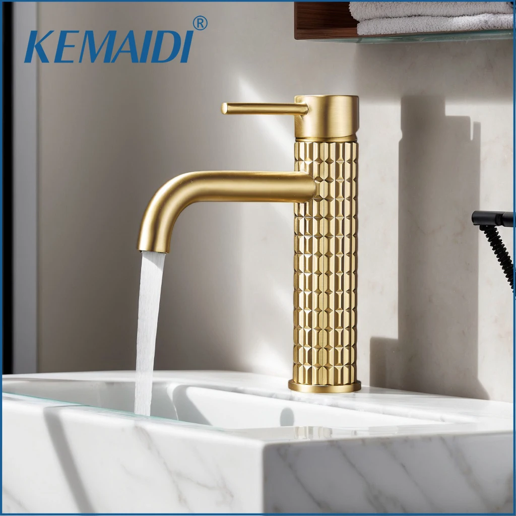 

KEMAIDI Luxury Brushed Gold Bathroom Faucet Single Handle Cold & Hot Water Basin Mixer Tap with Textured Design Deck Mounted