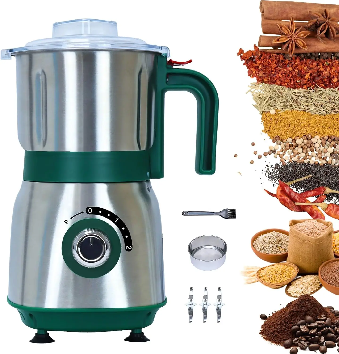 

500W Electric Grinder with 3 Blades for Spices, Nuts, Grains, Coffee - Dry Use Green