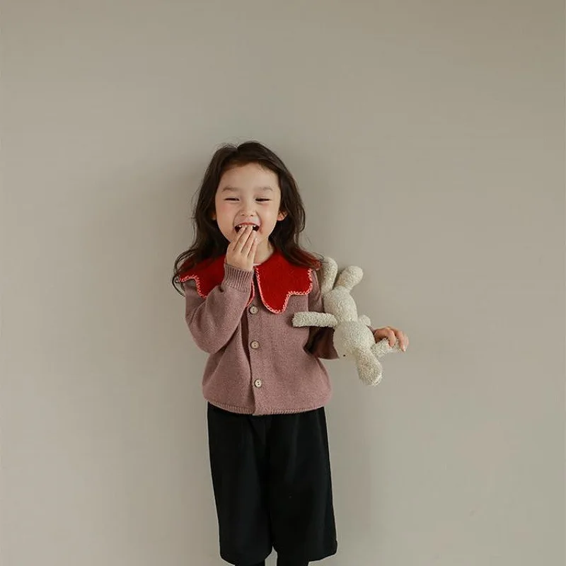 Girls Lapel Sweater Cardigan 2024 Autumn New Color-block Sweet and Cute Princess Baby Foreign Knitted Jacket Girls Sweater