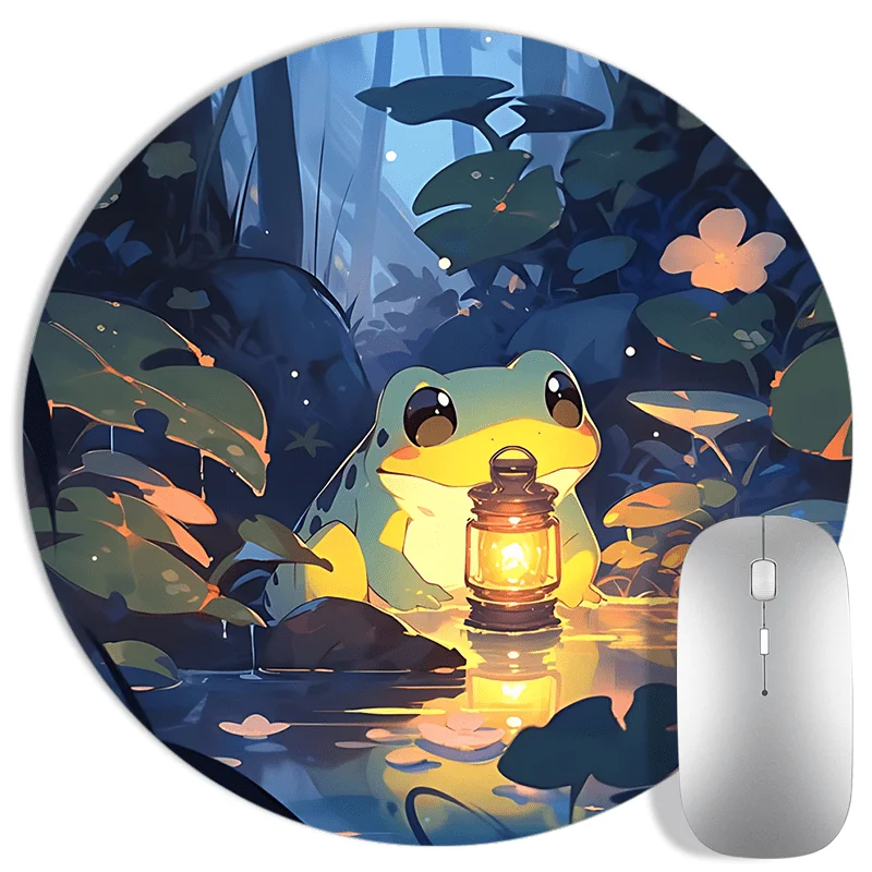 Frog and lotus leaf round mouse pad, anti-slip rubber base, quiet forest design lantern, suitable for office and home use