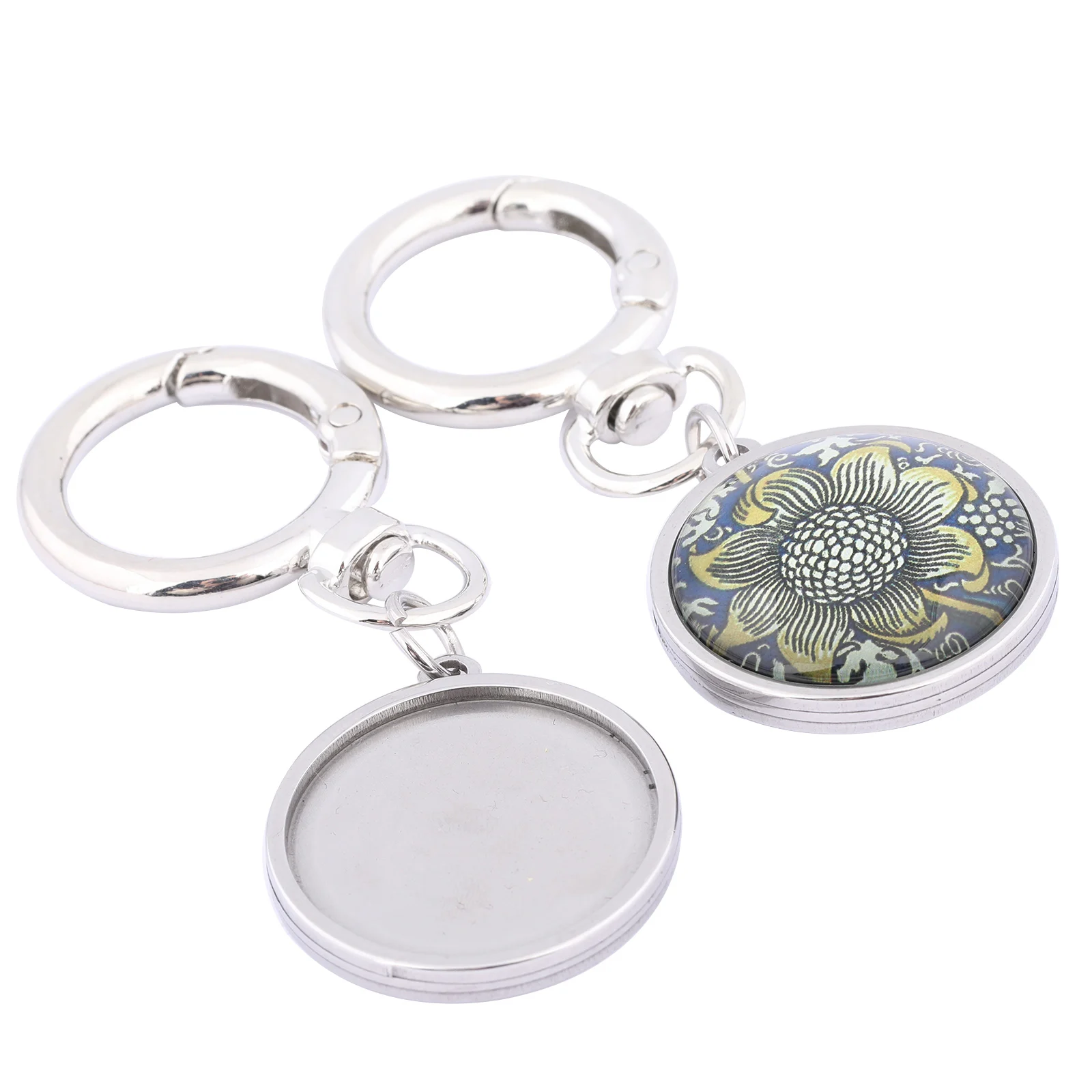 3pcs Stainless Steel Double Side Cabochon Keychain Base Setting Trays 25mm Dia Spring Clasp Keyring Diy Findings