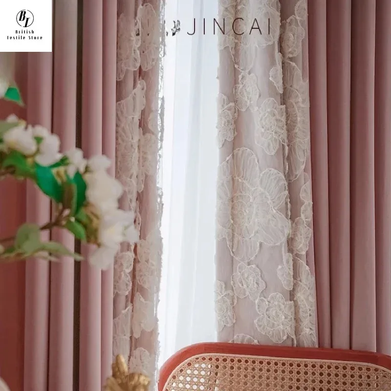 

Custom size！！French Lace Three-dimensional Embroidery Gauze Curtain Pink Velvet Curtains for Living Room Bedroom Decor Window