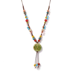 Green Crystal Handmade Ceramic Necklace Adjustable Pendant Vintage Boho Jewelry for Women Long Necklace 1106