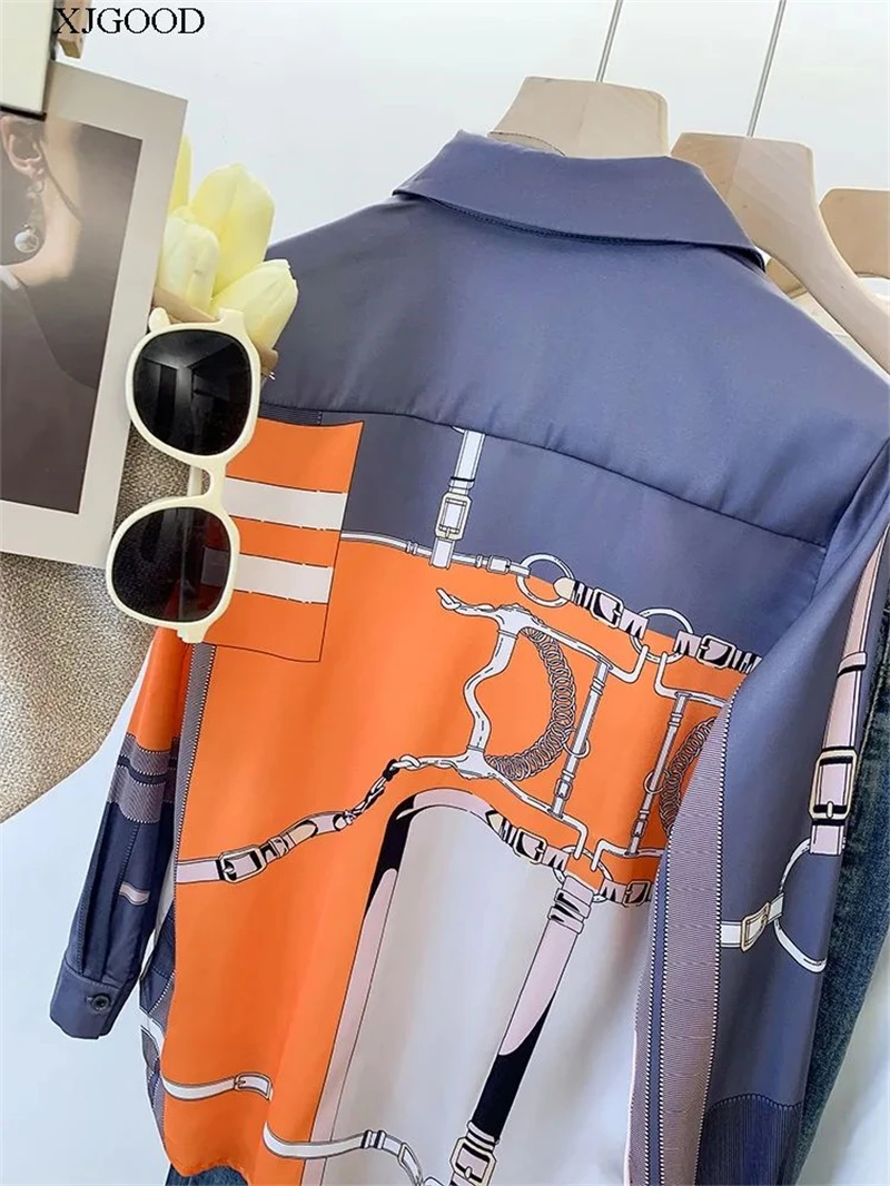 ZAROY Plus Size S-3XL Luxury Women Shirts Spring Summer Long Sleeve Fashion Print Satin Blouses Elegant Lapel Button OL Tops