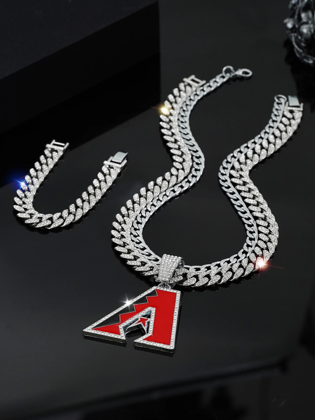 3Pcs/Set Zinc Alloy letter A Pendant Necklace & Bracelet Plus Plain Stainless Steel Chain,Men\'s Personality Jewelry Daily Wear