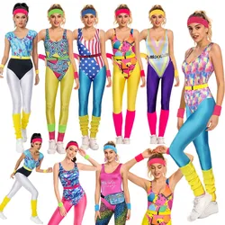 Adult Sportwear 6Pcs/Set 80s 90s Legging Cosplay Retro Costume For Halloween Headband Women Outfits Carnival Disguise Suit