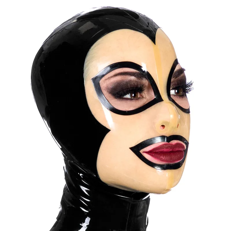 Unisex Latex Clothing Factory Handmade Customize Size Black spliced Transparent Clear Face Drama Hoods Mask Tops Back zipper