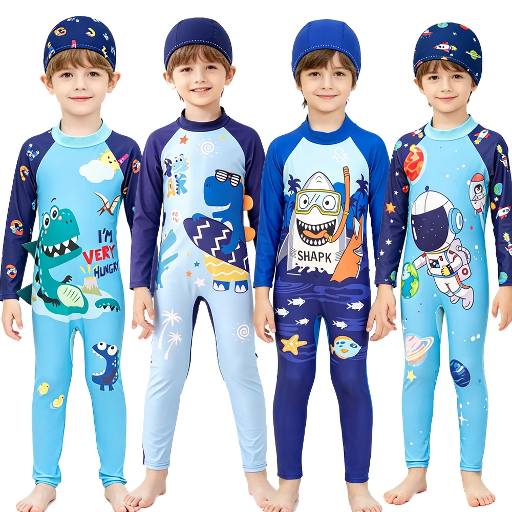roupa-de-banho-para-criancas-de-3-a-9-anos-maio-para-meninos-peca-Unica-protecao-total-azul-dinossauro-tubarao-espaco-upf50
