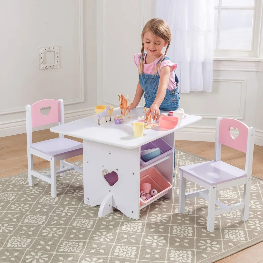 Set tavolo e sedia a cuore in legno con 4 contenitori, mobili per bambini-rosa, viola e bianco, regalo per età 3-8