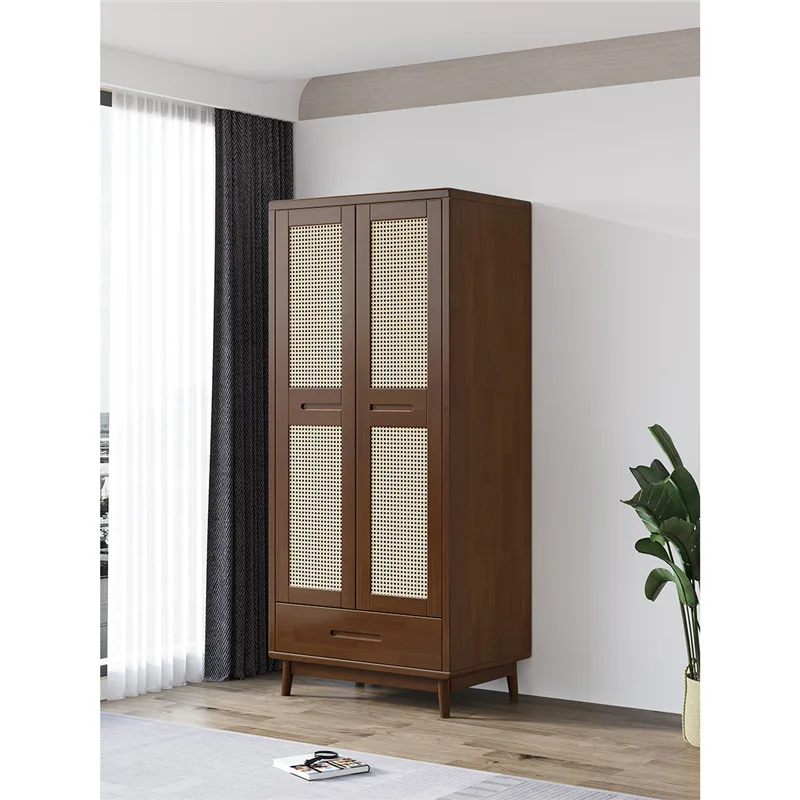 Wooden rattan wardrobe minimalist modern adult small apartment storage cabinet with drawer wardrobe
