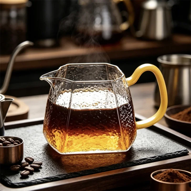 250ml Hammered Glass Tea Coffee Pitcher with Yellow Handle  Espresso Server Square Glass Milk Frothing Jug Tea Chahai Tea Set