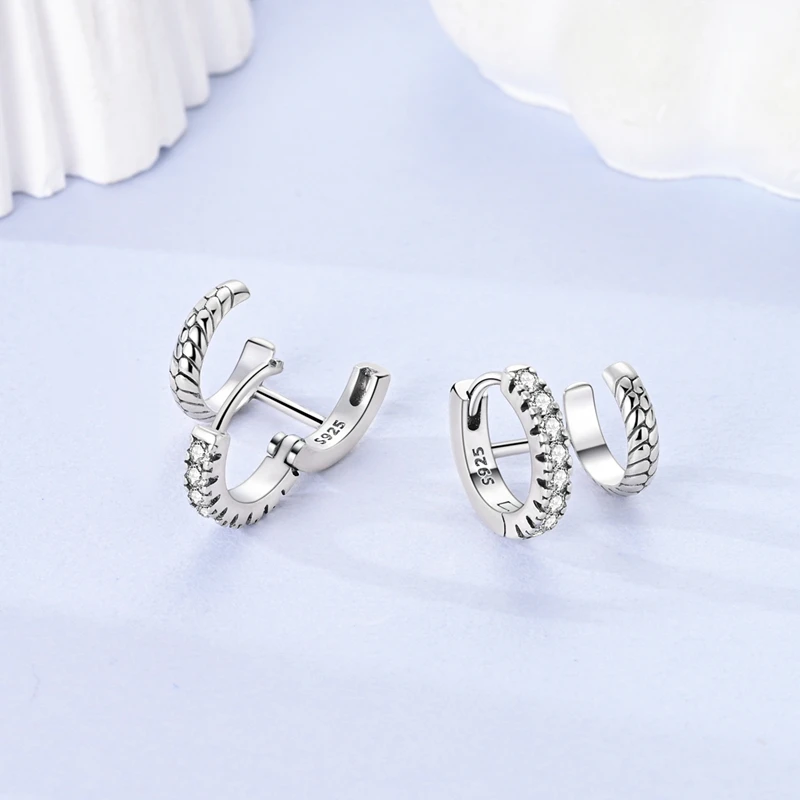 Original 925 Sterling Silver Double Ring Snake Bone Hoop Earrings CZ Zircon Earrings For Women Fine Anniversary Jewelry Gifts