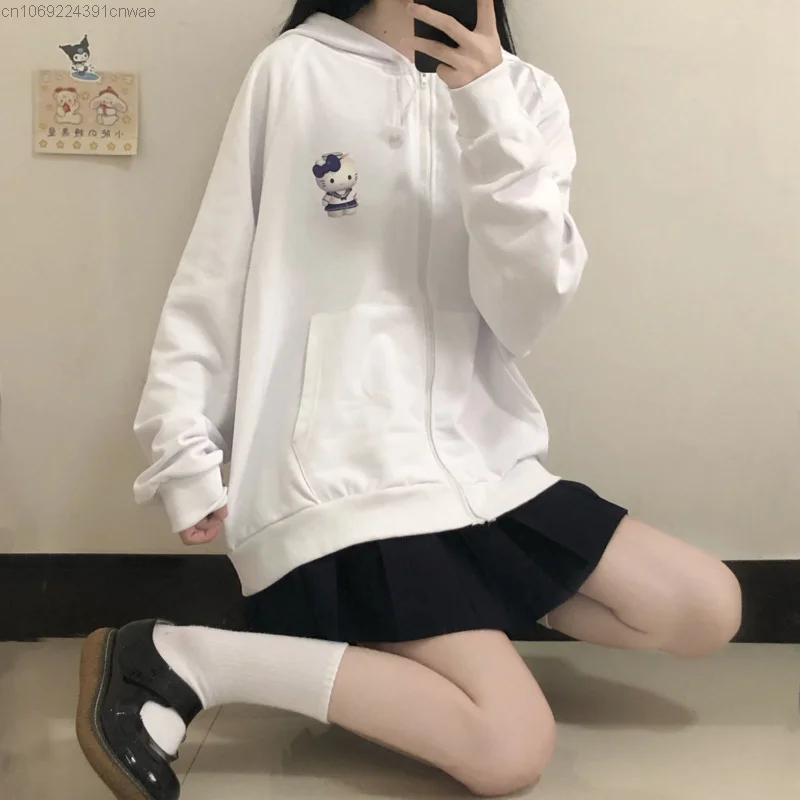 Sanrio Hello Kitty Campus College Style Hoodie Women\'s Y 2k Cute Anime Print Zipper White Sweatshirt Yk2 Japanese Zip Up Coat