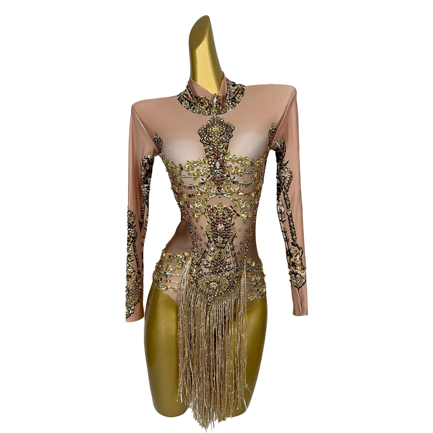 Sparkly Gold Rhinestones Fringe Leotard Women Birthday Nightclub Party Outfit Sexy Dance Bodysuit Performance Show Stage Wear