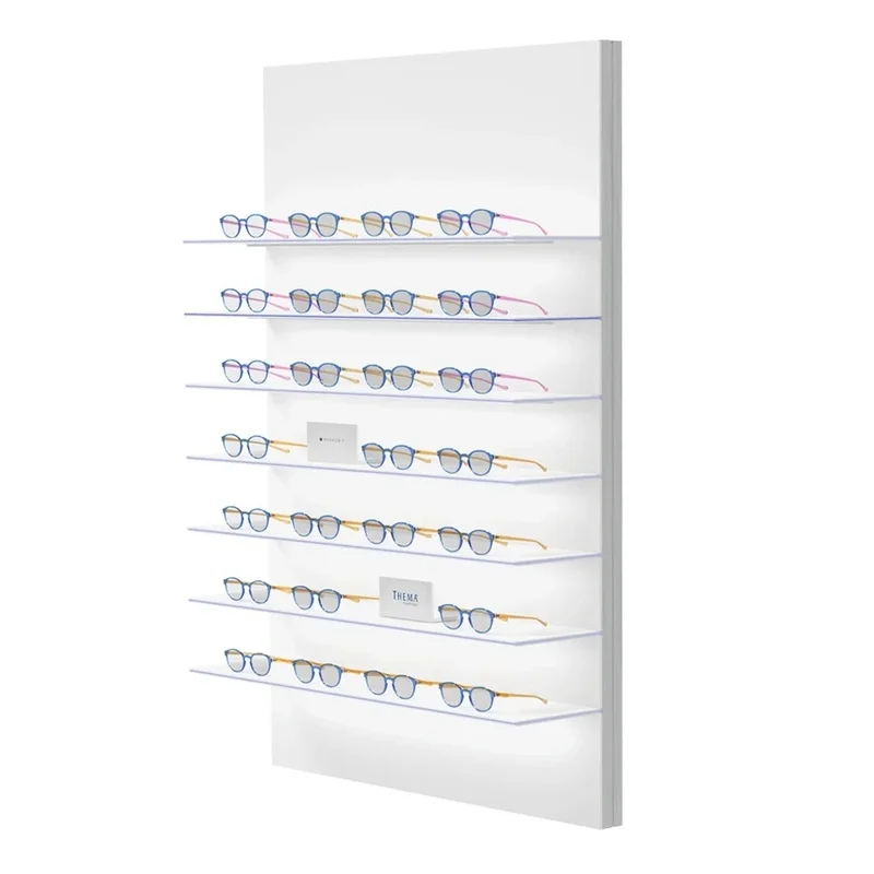 custom.Wall Mounted Acrylic Eyewear Display Rack with LED-Lit Shelves | Optical Shop Sunglasses Organizer